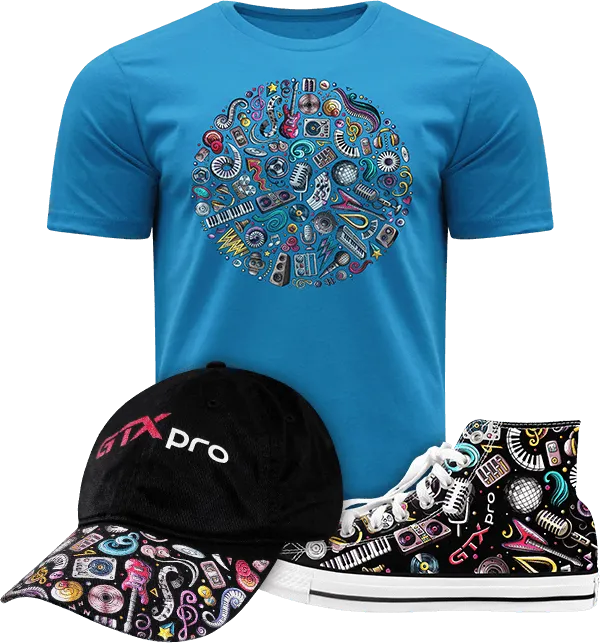 DTG printed shirt, hat, and shoe