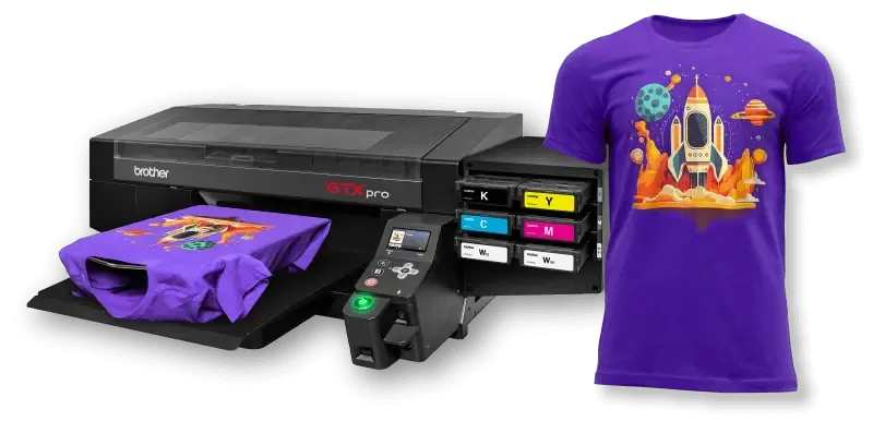 GTXpro printing a space-themed design on a purple t-shirt