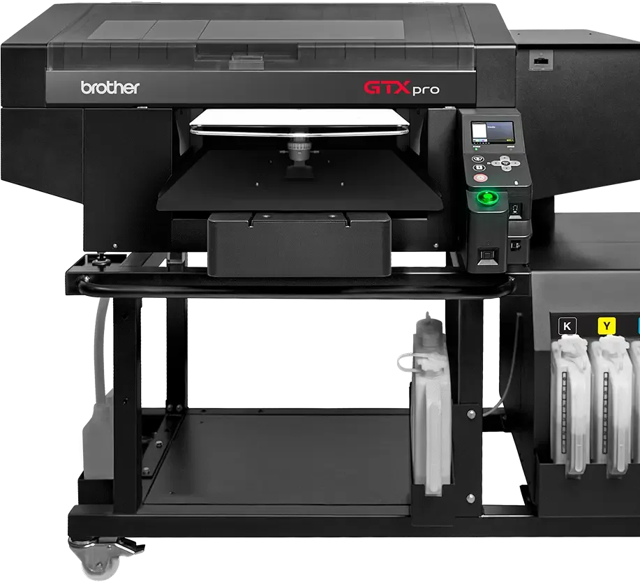 Brother GTXpro B printer with printed apparel