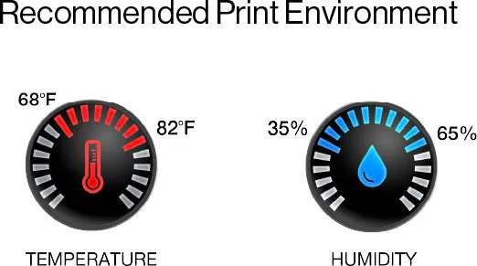 Recommended Print Environment - Temperature 68.0°F to 82.0°F Humidity 35% to 65%