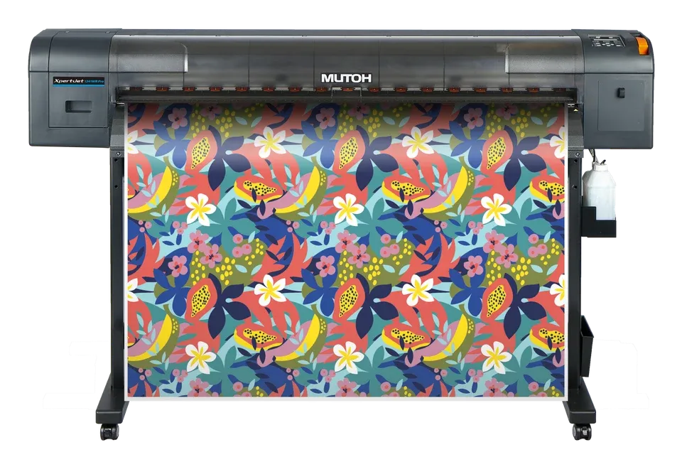 Mutoh XpertJet printer producing a full-color textile print