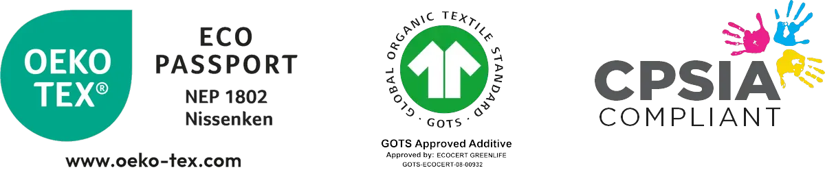 ECO PASSPORT by OEKO-TEX, GOTS Approved Additive, and CPSIA Compliant certification logos