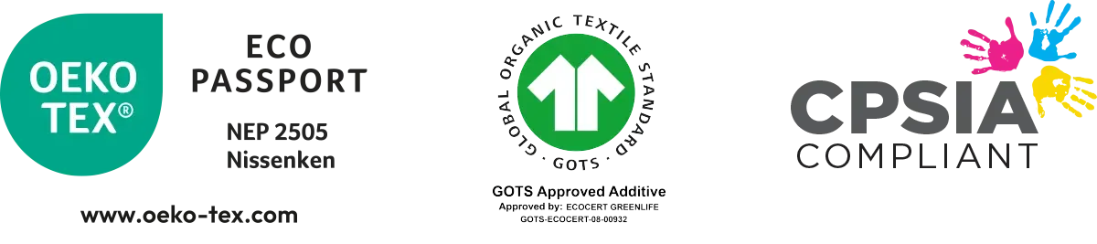 ECO PASSPORT by OEKO-TEX, GOTS Approved Additive, and CPSIA Compliant certification logos