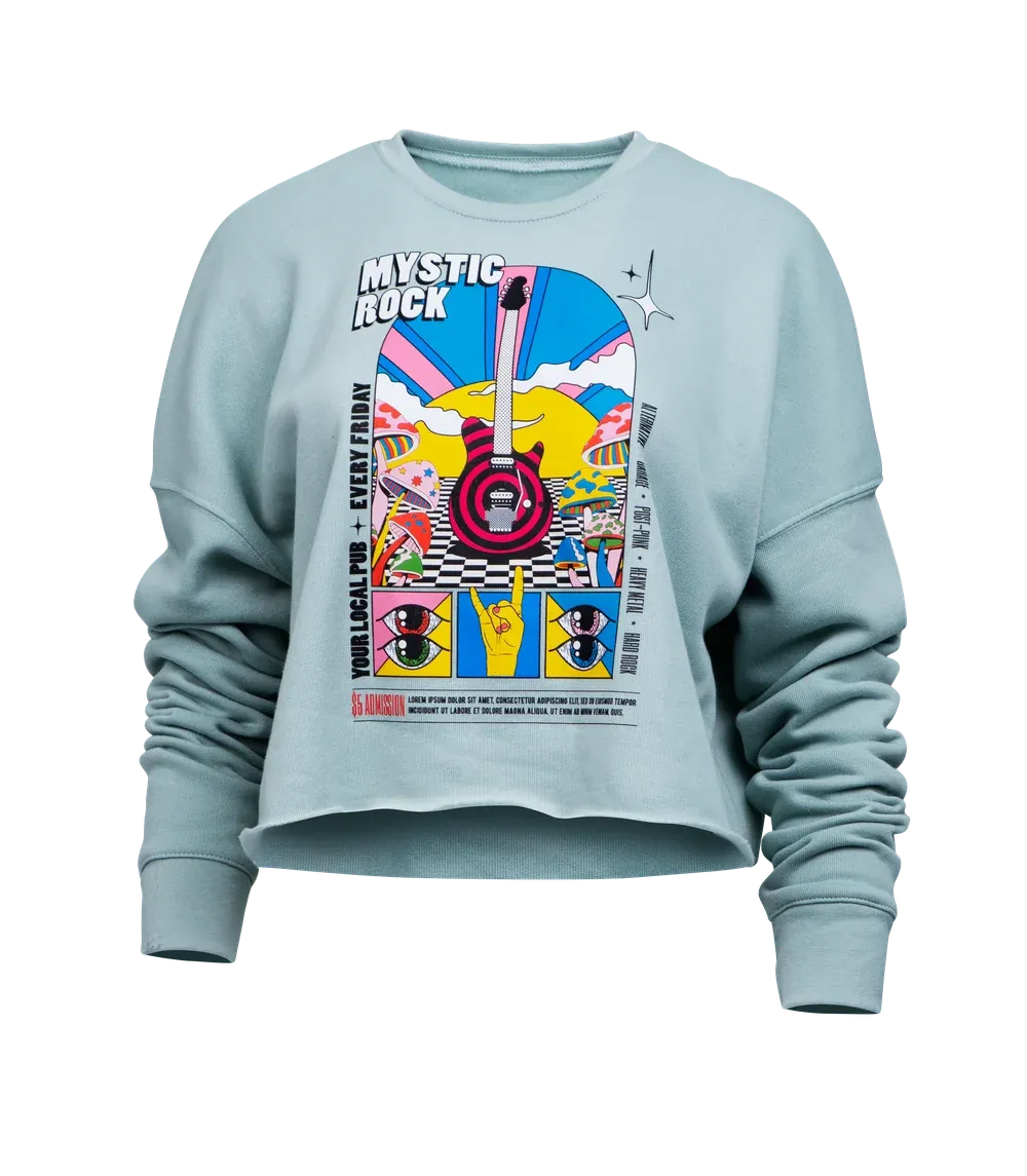 Light blue cropped sweatshirt with a Mystic Rock festival poster printed with Innobella Textile V1 inks