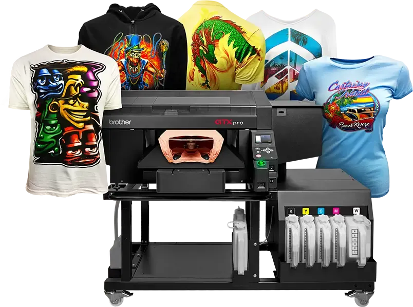 GTXpro B printer with printed shirts
