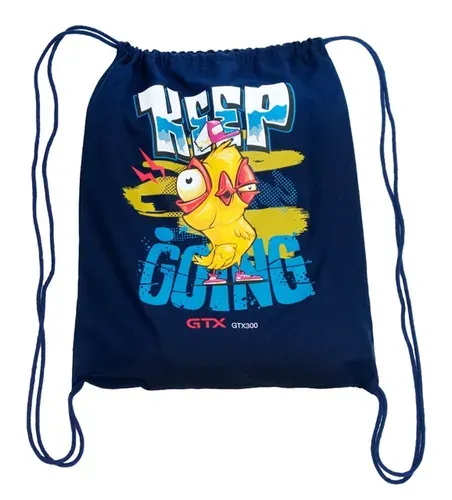 Navy drawstring cinch bag with a Keep Going surfing character printed with GTX300 printer