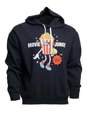 Black hoodie with a Movie Junkie popcorn character printed with GTX300 printer