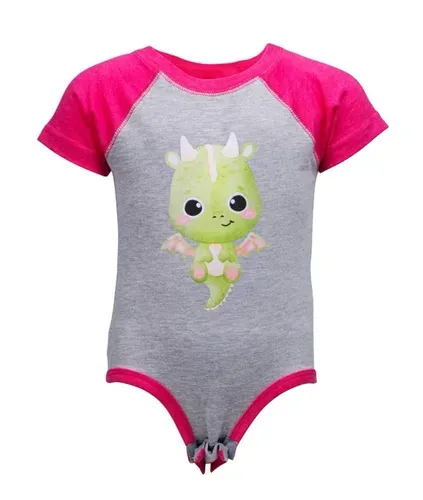 Pink and gray baby onesie with a cartoon dinosaur printed with GTX300 printer