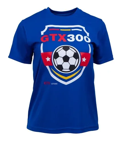 Royal blue t-shirt with a GTX300 soccer crest printed with GTX300 printer
