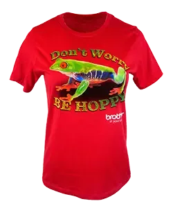 Red t-shirt with green frog saying Don't Worry Be Hoppy printed with GTXpro printer