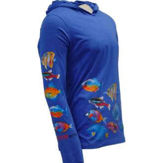 blue long sleeve, hooded shirt with a colorful print on bottom half as well as the sleeves
