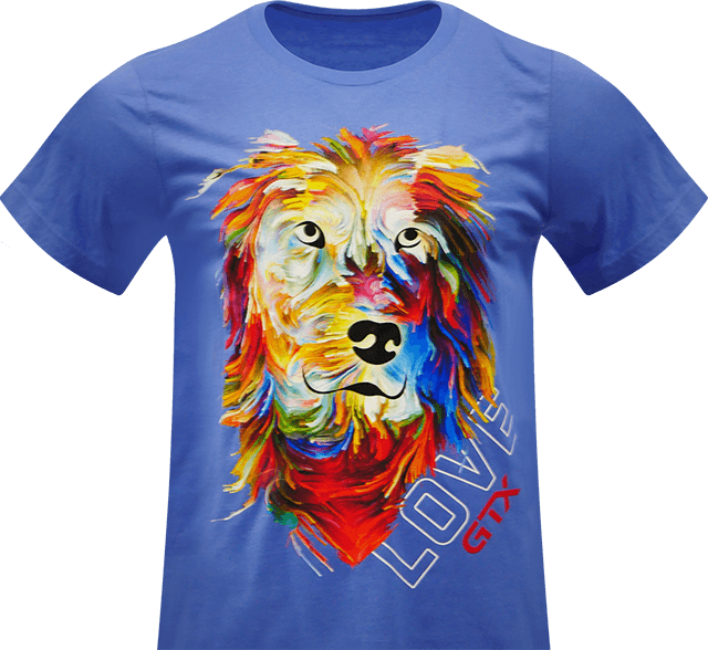 blue t-shirt featuring a full color print